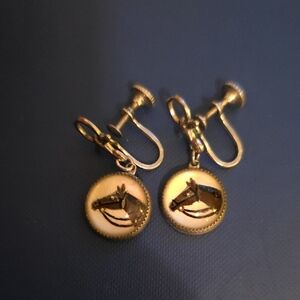 Deco Horse Portrait Under A Domed Clear Glass Overlay Screw Back Earrings-VTG